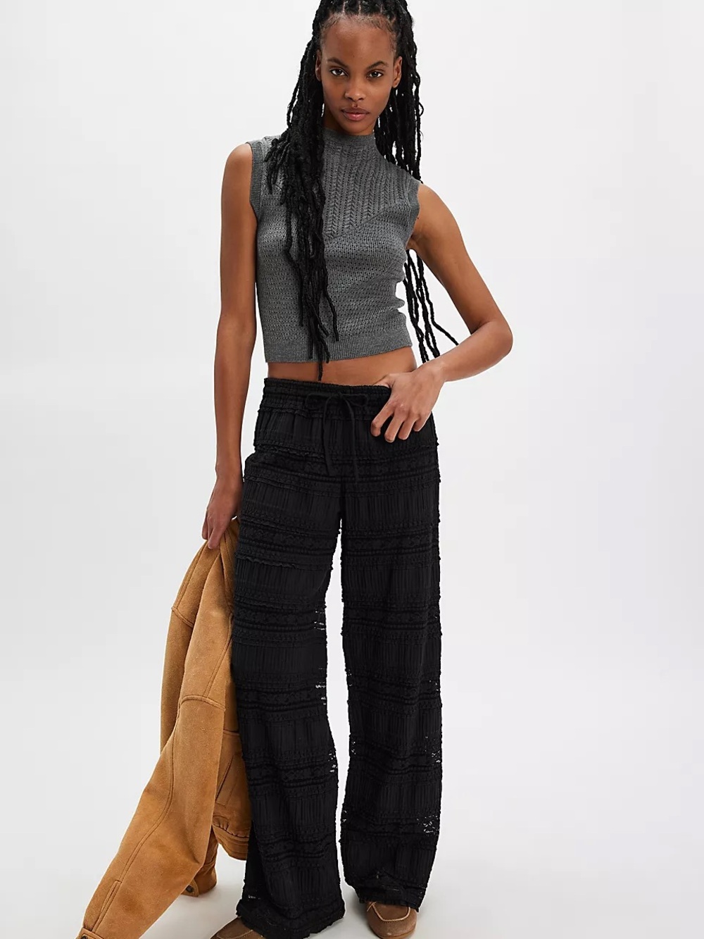 Wide-Leg Crochet Knit Pants - Black